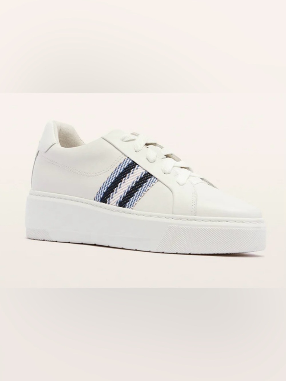 White Platform Lace-Up Sneakers with Blue Stripe Detail